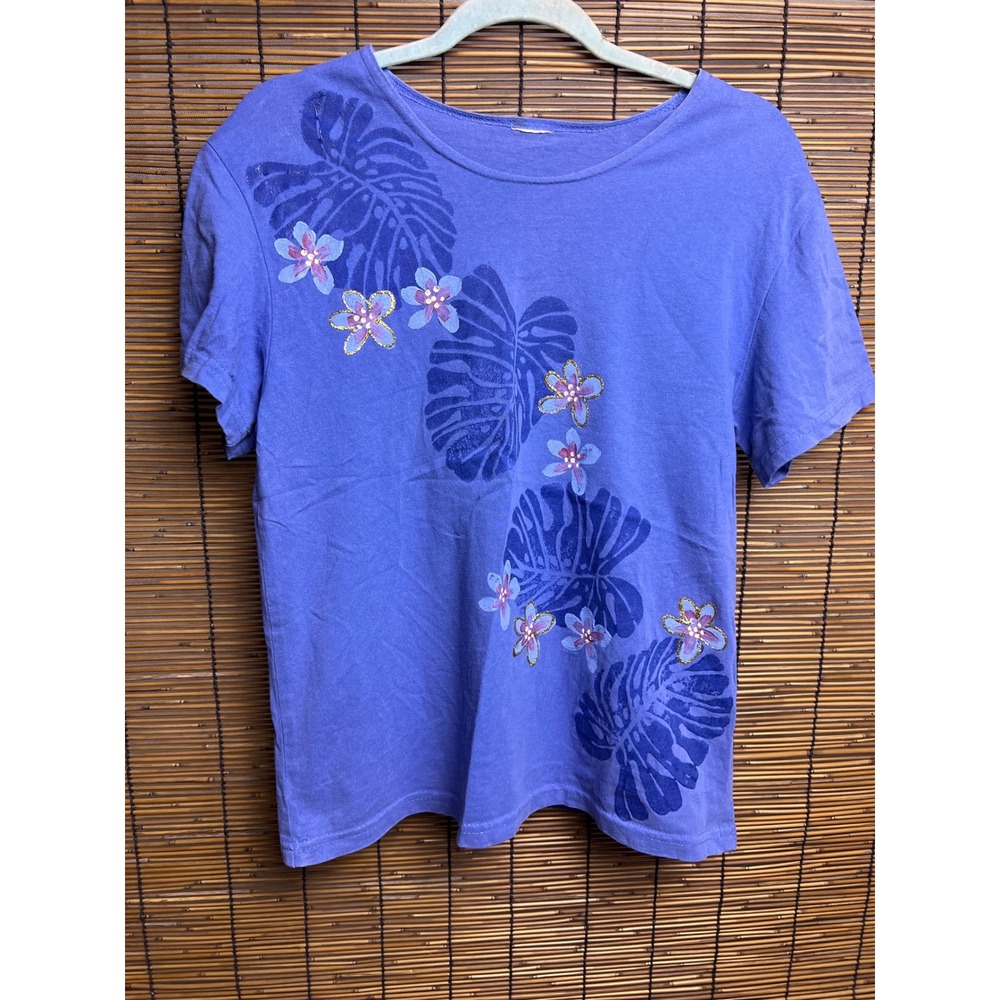Vintage Blue Tropical Floral Monstera Leaf Graphic T-Shirt Glitter Accents L